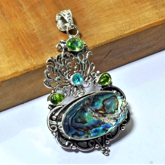 Jewelry - STERLING SILVER ABALONE SHELL PENDANT WITH PERIDOT AND BLUE TOPAZ ACCENT STONES